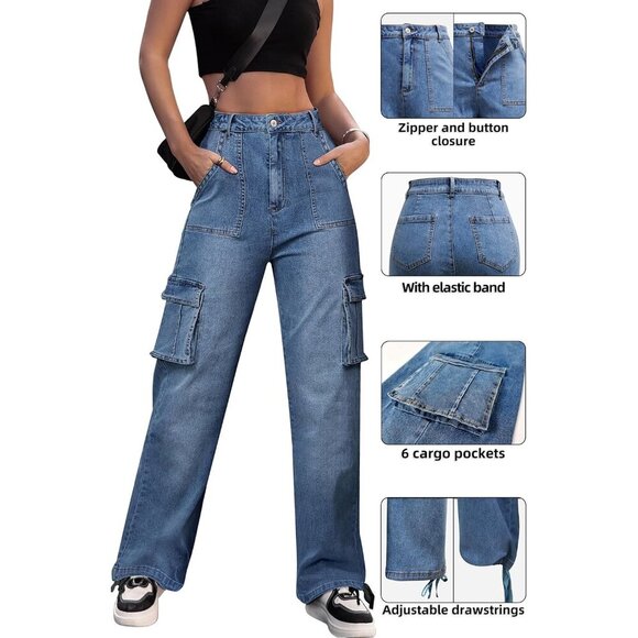 Women High Waisted Cargo Pants Denim Casual Wide Leg 6 Pockets Military - Picture 4 of 5